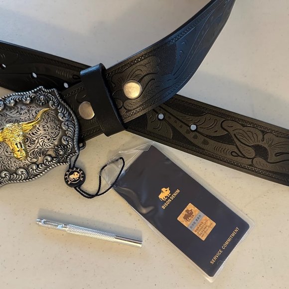 Neiman Marcus BISON DENIM Men's Western embossed Genuine Leather Belt - Picture 3 of 6